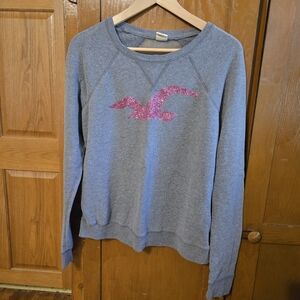 Gray Hollister Sweatshirt with Pink Glitter Logo And Mesh Back